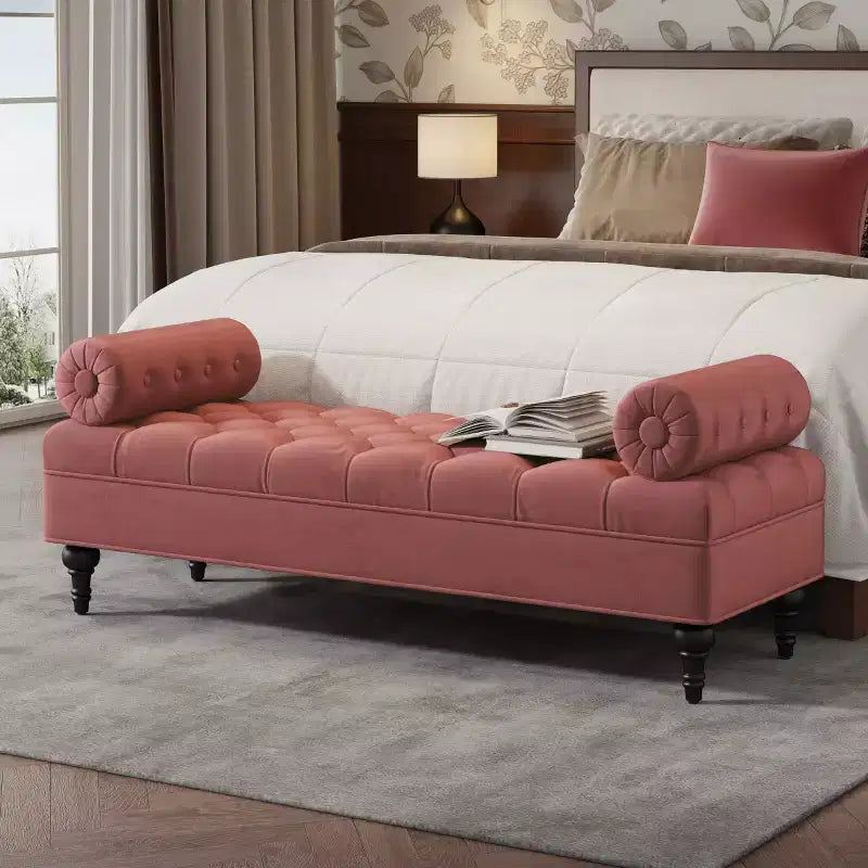 Modern End of Bed Bench for Bedroom, Velvet Upholstered Window Bench with 2 Detachable Pillows for Living Room or Entryway-Panipeachy