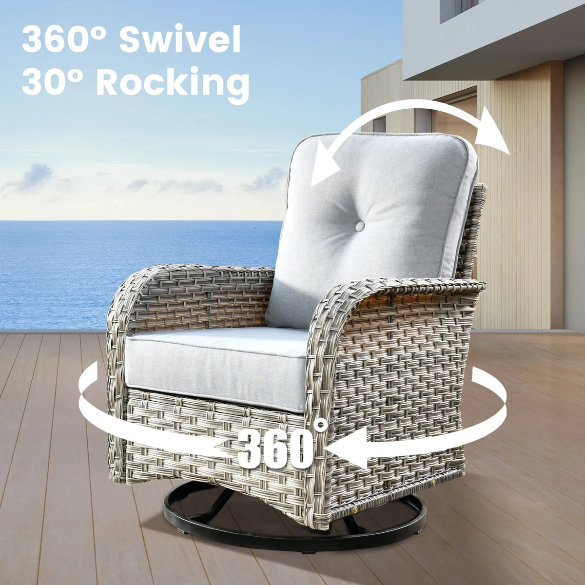 OVIOS 9 Pieces Outdoor Wicker Swivel Chair Set With Fire Table