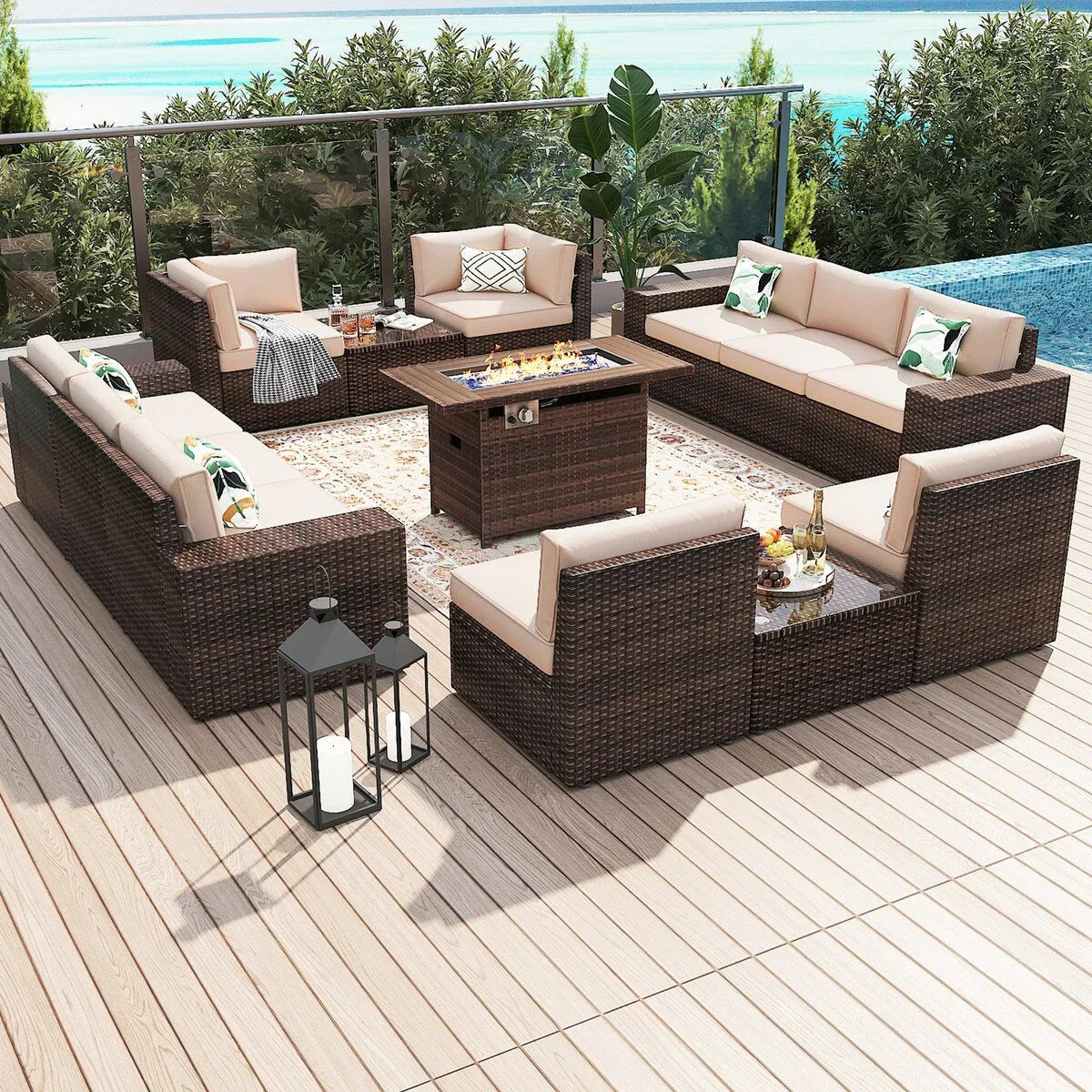 13 Pieces Patio Furniture Set with 44Fire Pit Table