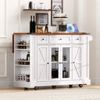 Kitchen Island w/Drop Leaf, 3 Drawers & 5 Open Side Racks, Rolling Kitchen Cart w/ 2 Tempered Glass Cabinet Doors & Power Outlet