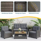 Heynemo 4-Piece Patio Furniture Set, All Weather Wicker Patio Conversation Seating Sets with 2-Tier Coffee Table, Outdoor Sofa Couch