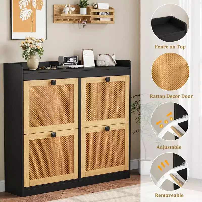 Shoe Storage Cabinet with 4 Flip Drawers, Wood Shoe Cabinet with Rattan Doors and Adjustable Shelves- Freestanding Shoe Organizer