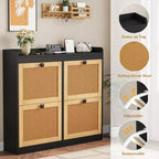 Shoe Storage Cabinet with 4 Flip Drawers, Wood Shoe Cabinet with Rattan Doors and Adjustable Shelves- Freestanding Shoe Organizer