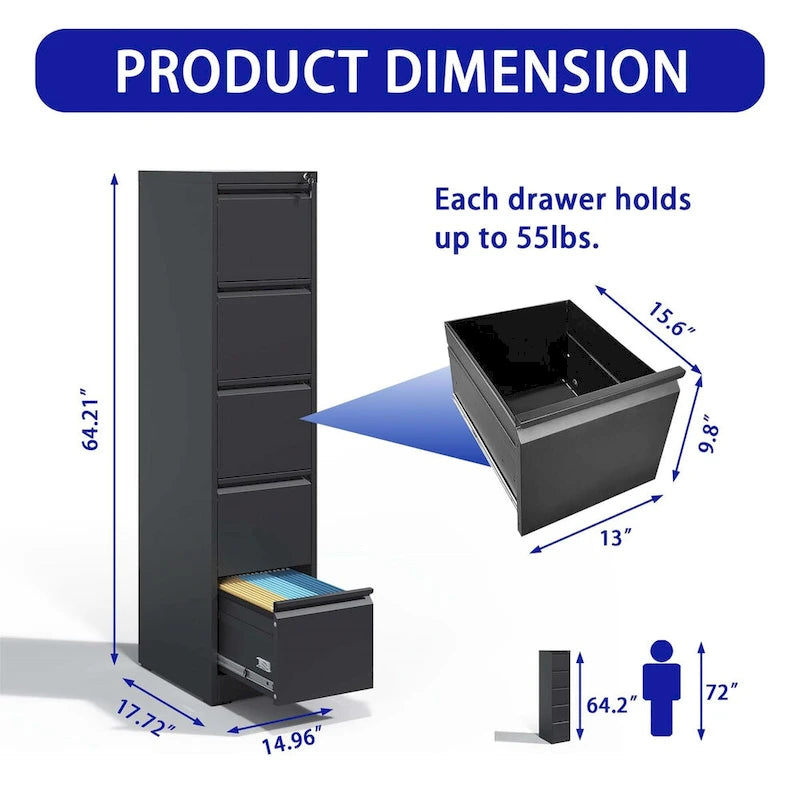5 Drawer Metal Vertical File Cabinet with Lock