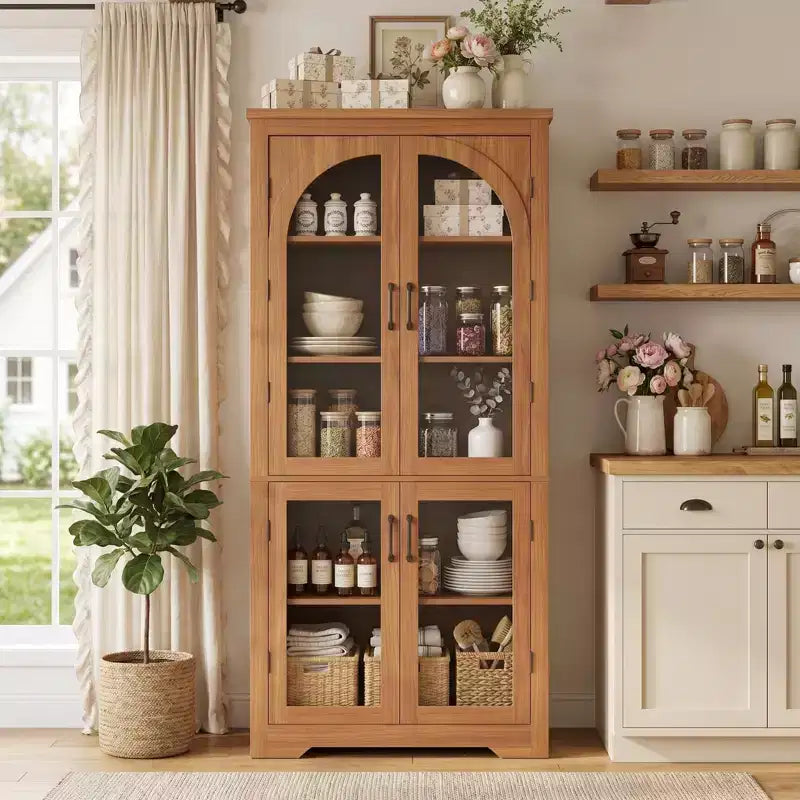 70 Tall Kitchen Pantry Cabinet, Modern Display Cabinet with 4 Arched Glass Doors and Adjustable Shelves, for Kitchen, Living Room, Dining, Bathroom