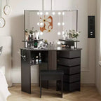 Corner Makeup Vanity Desk with Lights, Dressing Table with Power Outlet and Rotating Drawers for Bedroom