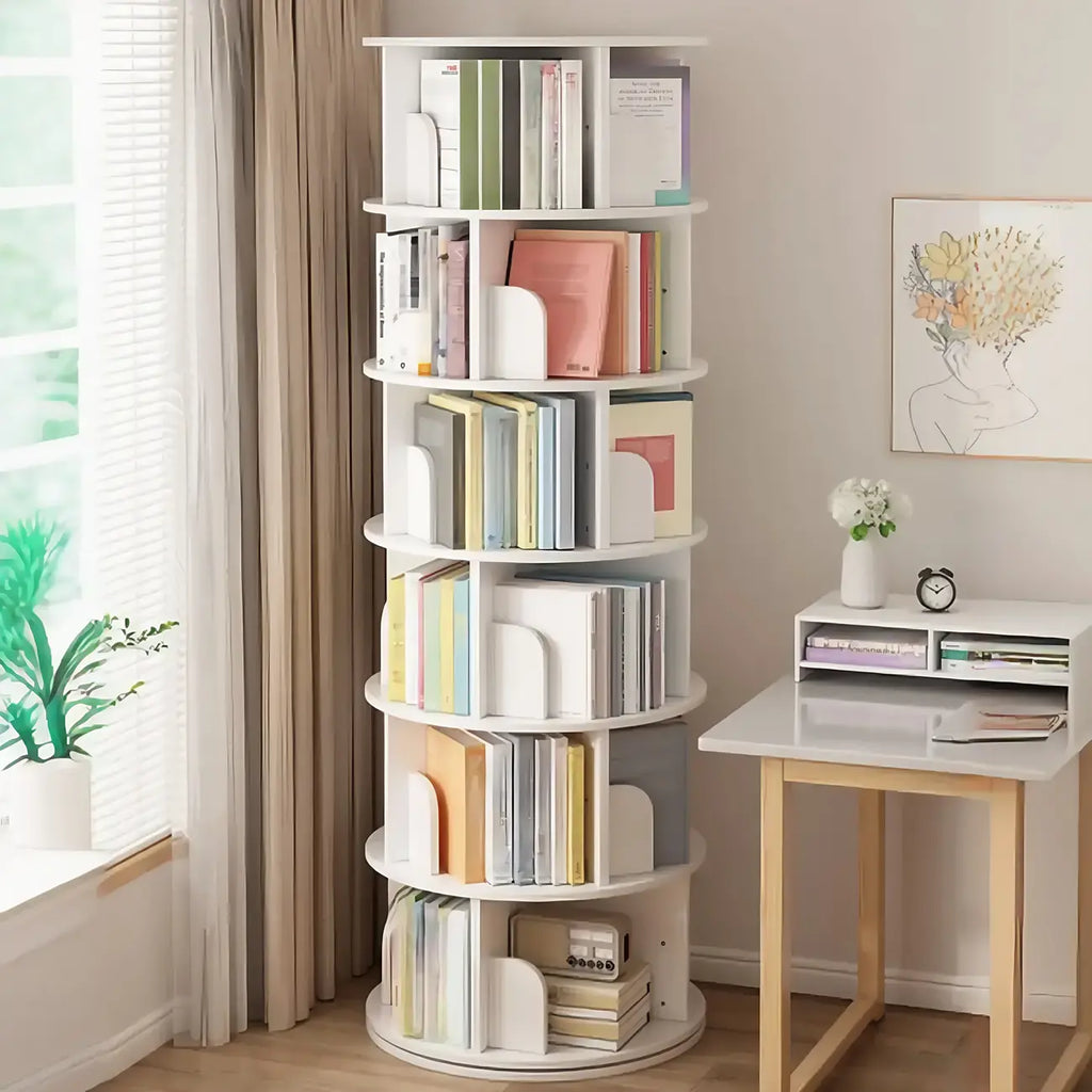 Brown Cylindrical Wooden Rotating Open-Back Bookcase