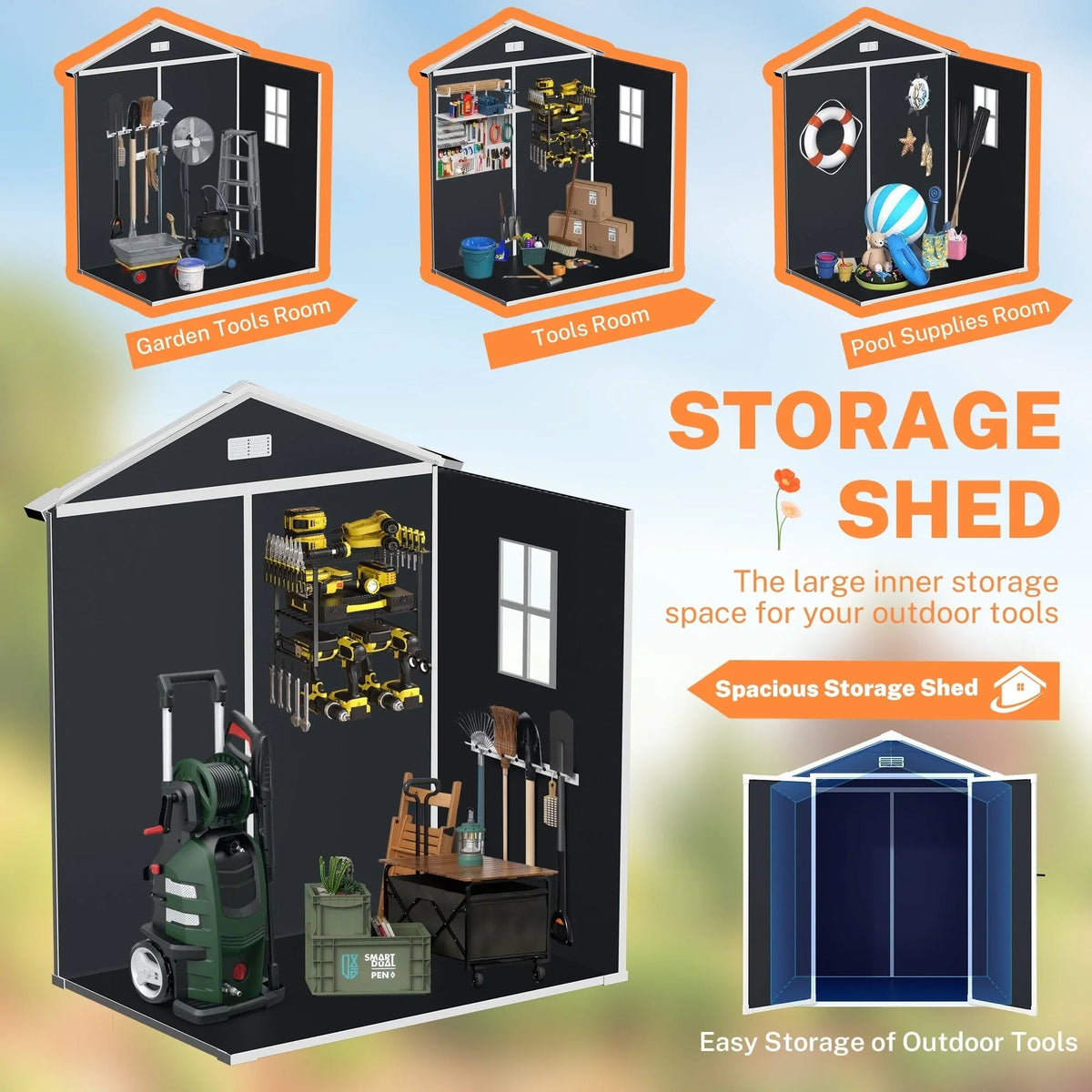 6 ft x 4 ft/6 ft x 8 ft/8 ft x 6 ft/8 ft x 10 ft All-Weather Resin Outdoor Plastic Storage Shed w/Floor, Spire Tool Shed