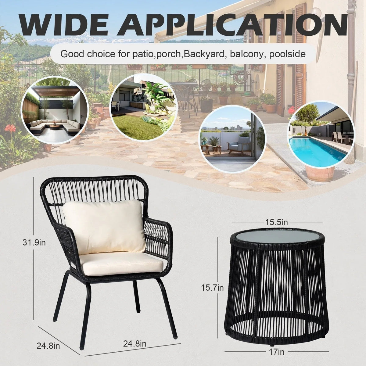 3 Piece Outdoor Wicker Conversation Bistro Set, All-Weather Rattan Furniture Patio Chairs Set with Cushions