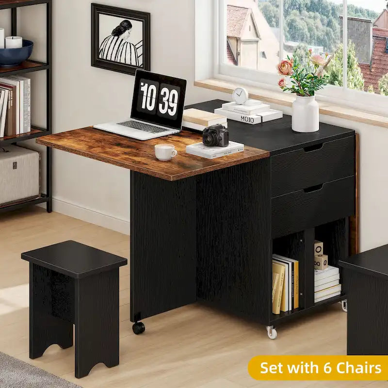 Moasis 5 Pieces 7 Pieces Folding Dining Set with Drop Leaf Table and Storage Stools for up to 6 People
