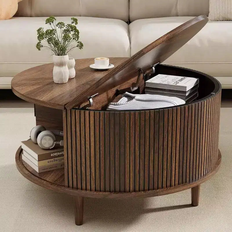NAYSAYE Round Coffee Table with Storage, 31.5 Fluted Center Table for Living Room, Modern Walnut Wood Circle End Table for Small Space