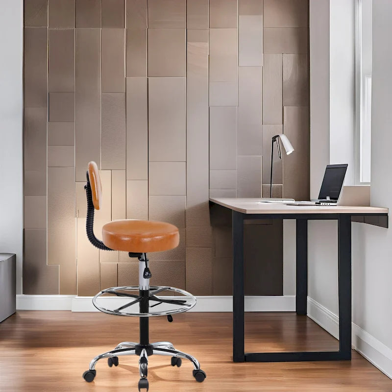 Height Adjustable Drafting Stool - With Premium Leather, Rolling Wheels
