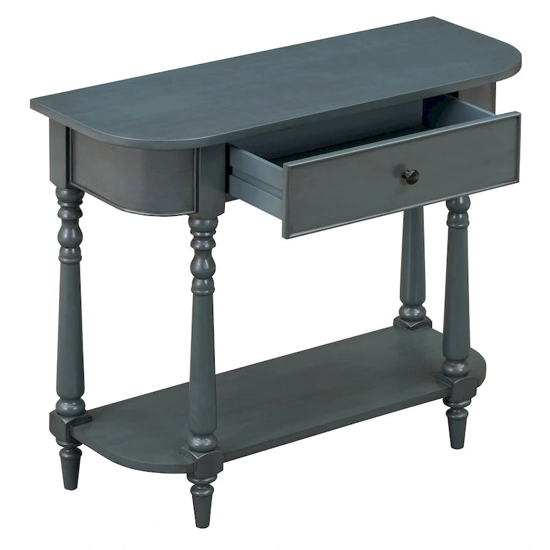 Retro Narrow Console Table with Curved Corner, Top Drawer & Open Shelf