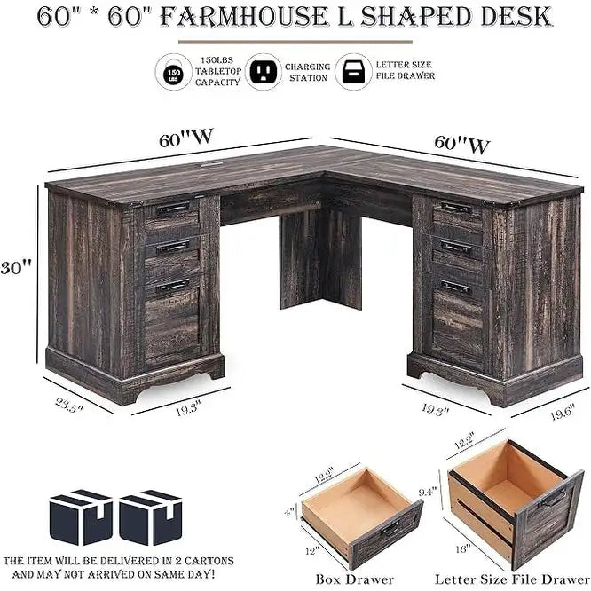60 Farmhouse L Shaped Executive Desk, Wood Corner Desk, Computer Desk