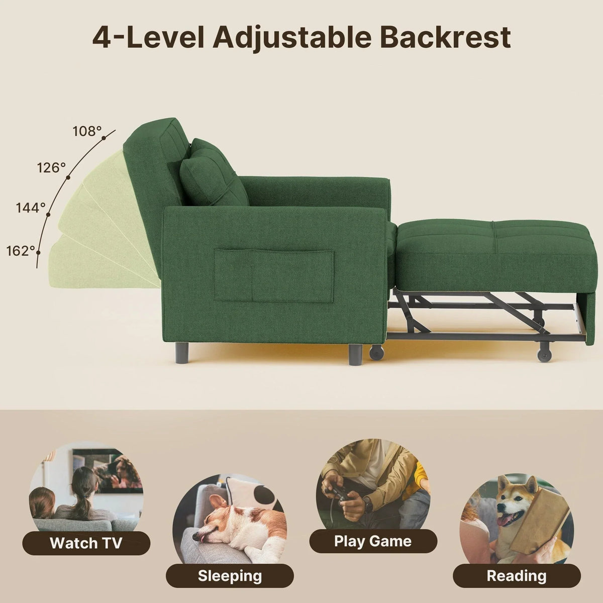 3-in-1 Adjustable Sleeper Sofa Bed, Pull Out Chair Sofa, Convertible Folding Bed for Living Room