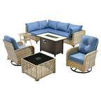OVIOS 9 Pieces Outdoor Wicker Swivel Chair Set With Fire Table