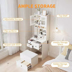 3-in-1 Makeup Vanity Desk with Lighted Mirror, Compact Vanity Table with Drawers, Storage Compartment & Rolling Stool for Bedroom