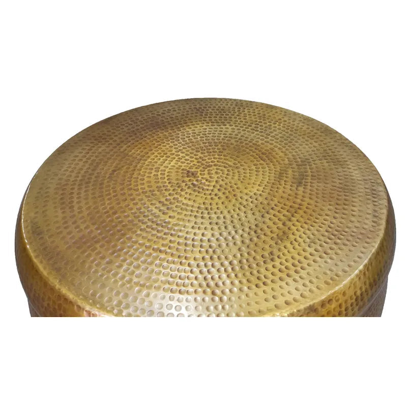 32 Inch Artisanal Round Drum Coffee Table, Hammered Embossed Texturing, Aluminum, Antique Brass