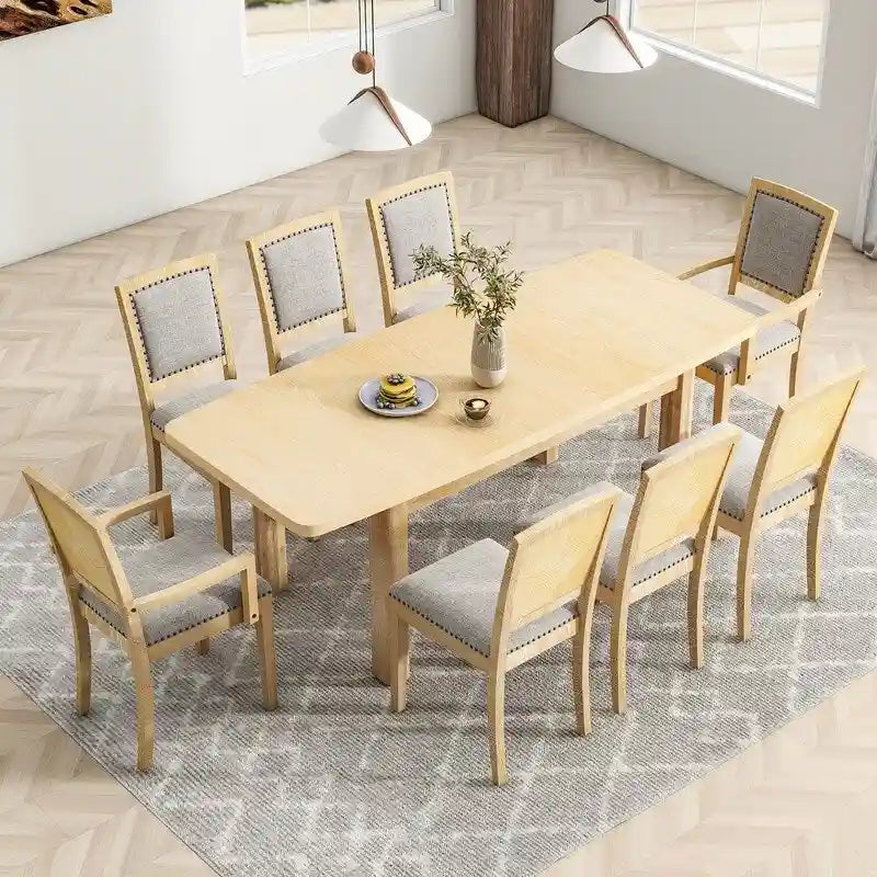 9 Pieces Extendable Dining Table Set with 24inch Removable Leaf , 6 Upholstered Armless Dining Chairs and 2 Padded Arm Chairs