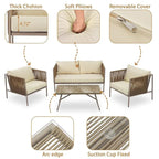 4 PCS Outdoor Rope Patio Set for 4 with Cushions and Glass Table