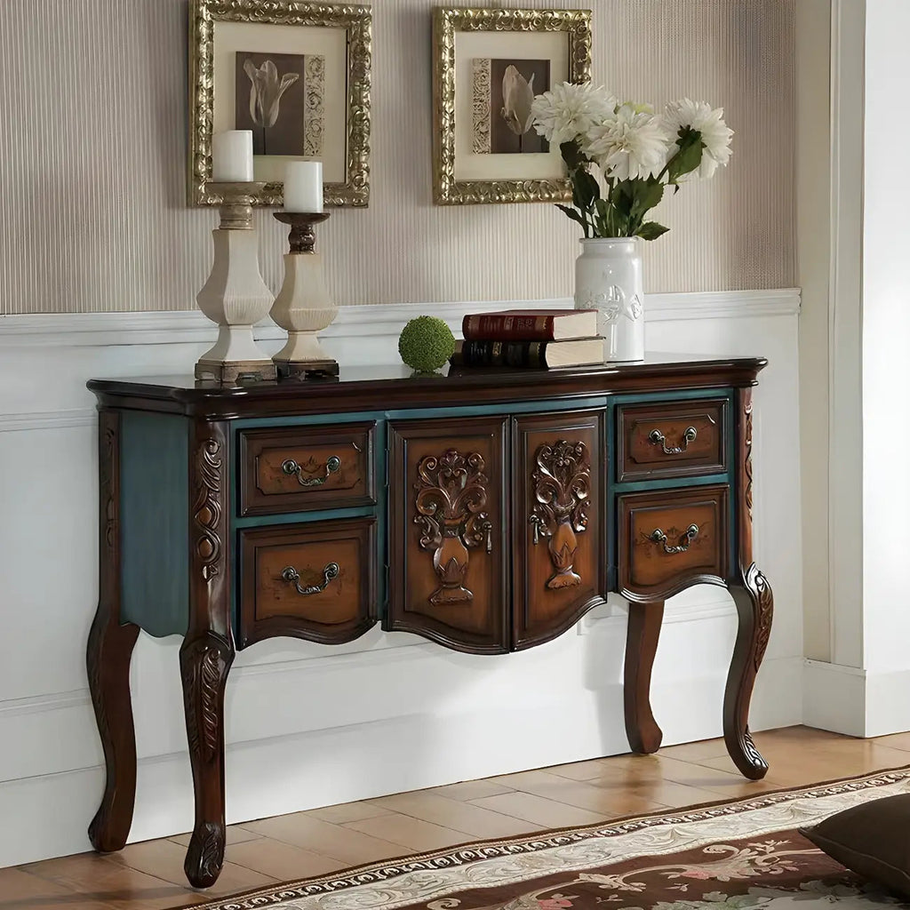 French Coffee Wood Storage Console Table with Drawers
