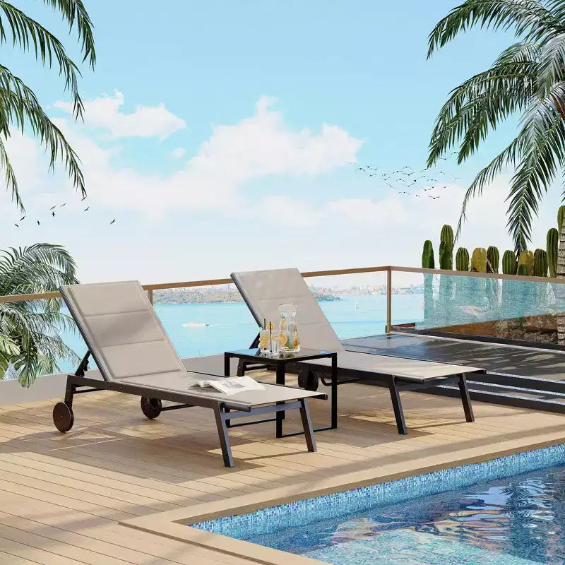GustoWave Outdoor Chaise Lounge Chairs Set of 3, 5-Position Adjustable Backrest, with Wheels & Side Table for Patio, Poolside and Beach