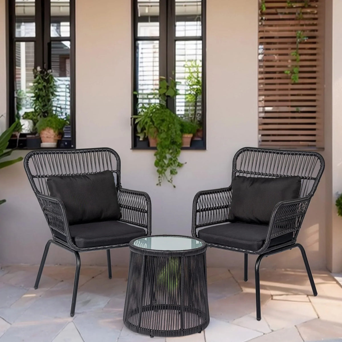 3 Piece Outdoor Wicker Conversation Bistro Set, All-Weather Rattan Furniture Patio Chairs Set with Cushions