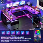 COZONY 78 U/L Shaped Gaming Desk, Reversible Computer Desk with Power Outlets, LED Lights, Monitor Stand & Storage Shelf, Corner Desk for Home Office