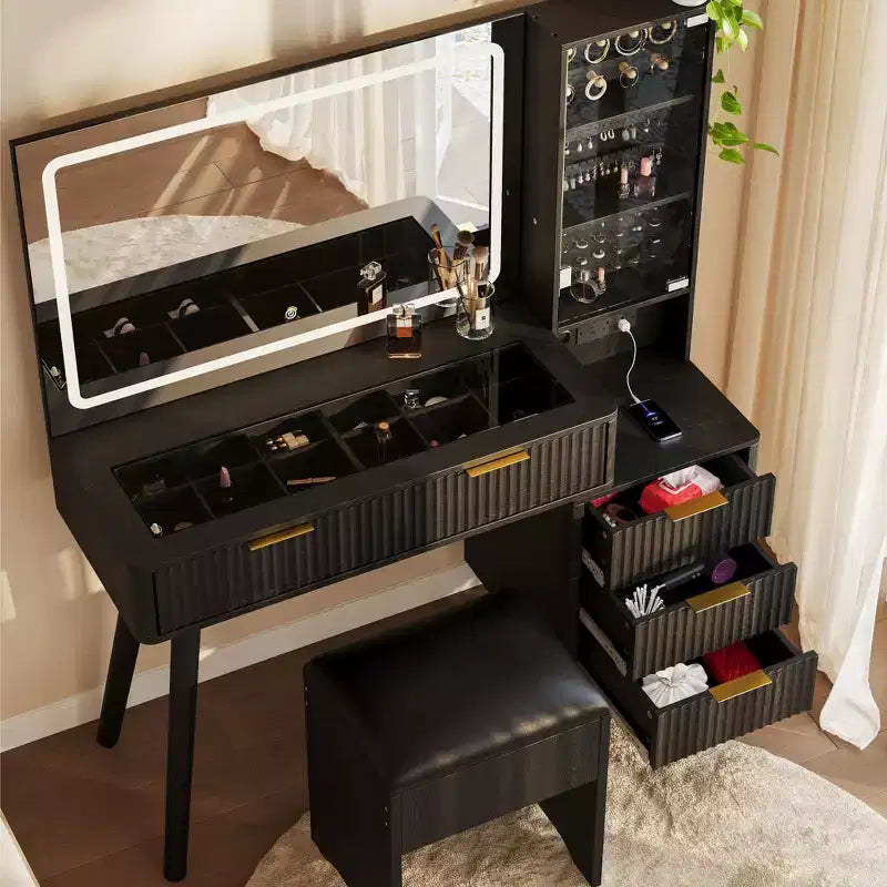 48 Fluted Makeup Vanity Desk with Mirror & LED Lights, Charging Station, Cushioned Storage Stool for Bedroom