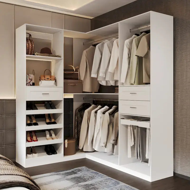Corner Wardrobe Closet with 2 Hanging Rods, Pants Rack, and Shoe Storage Organizer Armoires