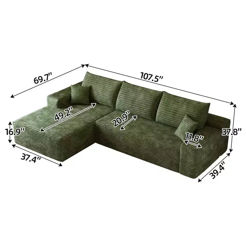 107 Inch Plush Corduroy Fabric Black Cloud Sectional Couch with L-Shape Chaise Modern Modular Sofa with Deep Seat for Living Room Apartment