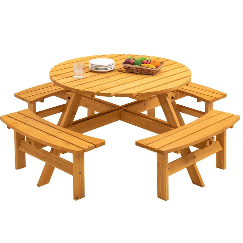 8-Person Outdoor Patio Fir Wood Round Picnic Dining Set with 4 Built-in Benches and Umbrella Hole