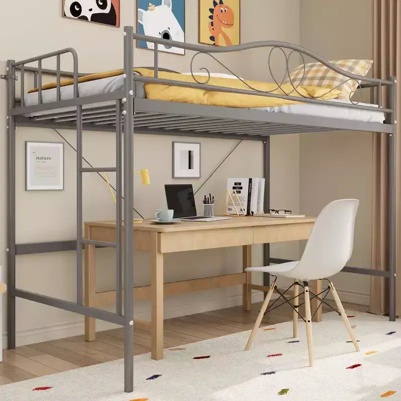 Loft Bed Twin Size with Removable Ladder & Full Safety Guardrail, Twin Loft Bed Heavy-Duty Metal Frame 400 Lbs Weight Capacity, Space Saving