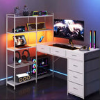 47 L-Shaped Computer Desk with 6 Drawers & 5-Tier Shelves, Reversible Corner Gaming Desk with LED Lights & Power Outlets