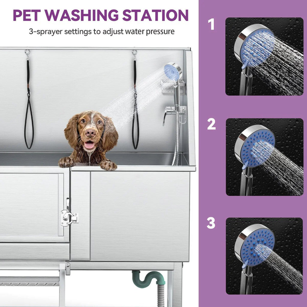 50 W Stainless Steel Adjustable Pet Grooming Tub with Steps Ramp