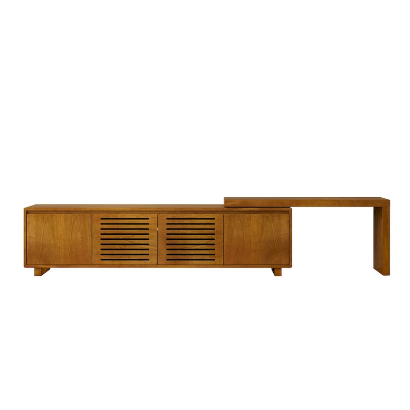 Mid Century Expandable TV Stand with 4 Storage Cabinets and Hollowout Door for Living Room Entertainment Center