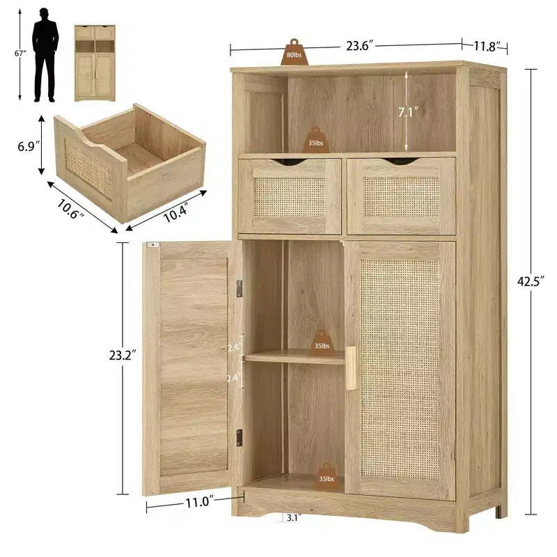 Rattan Storage Cabinet with 2 Drawers & Adjustable Shelves for Kitchen/Home