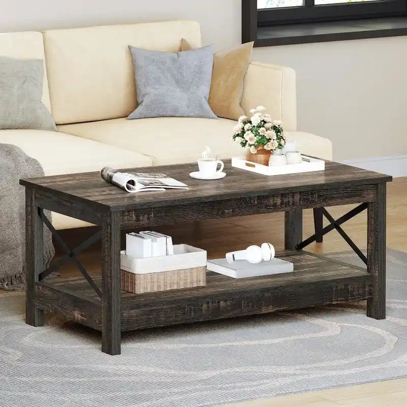 Farmhouse Wood Accent Coffee Table with Large Storage Shelf