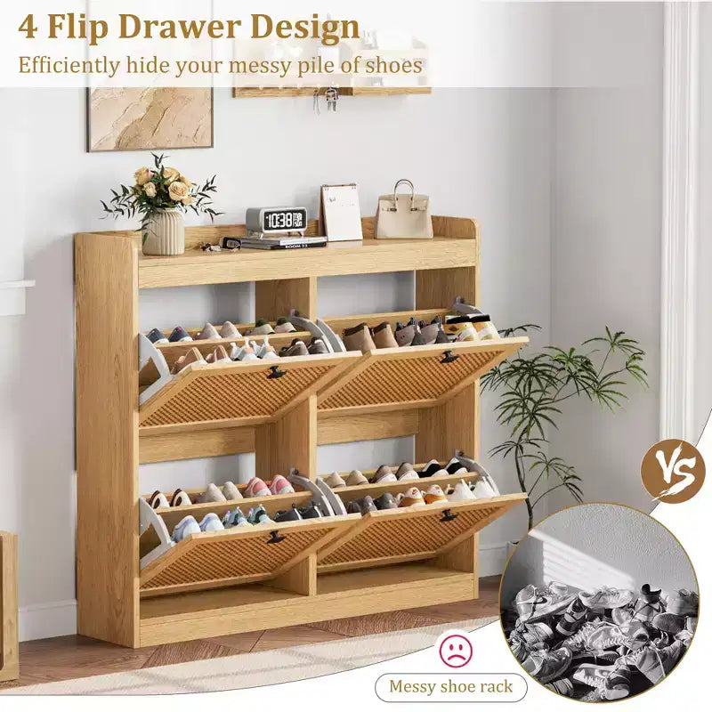 Shoe Storage Cabinet with 4 Flip Drawers, Wood Shoe Cabinet with Rattan Doors and Adjustable Shelves- Freestanding Shoe Organizer
