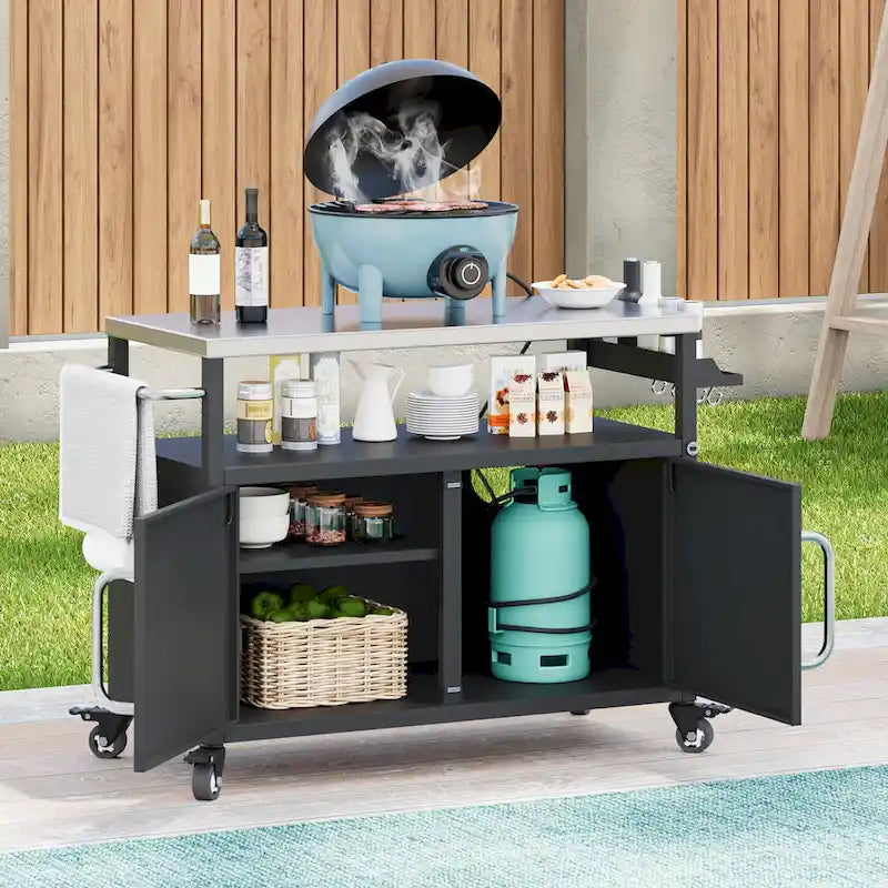 Outdoor Kitchen Island With Stainless Steel Tabletop,Metal Grill Cart Table With Storage Cabinet - N/A
