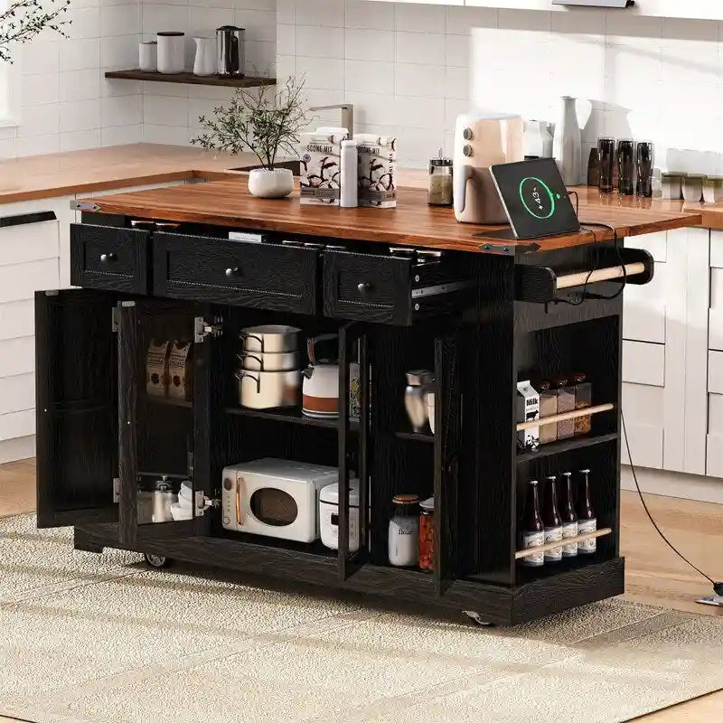 Kitchen Island w/Drop Leaf, 3 Drawers & 5 Open Side Racks, Rolling Kitchen Cart w/ 2 Tempered Glass Cabinet Doors & Power Outlet