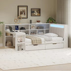 L-shaped Wooden Sofa Daybed with Desk, Bookcase Cabinet, Corner Bed with Under-bed Drawers, Upholstered Headboard Built-in Light
