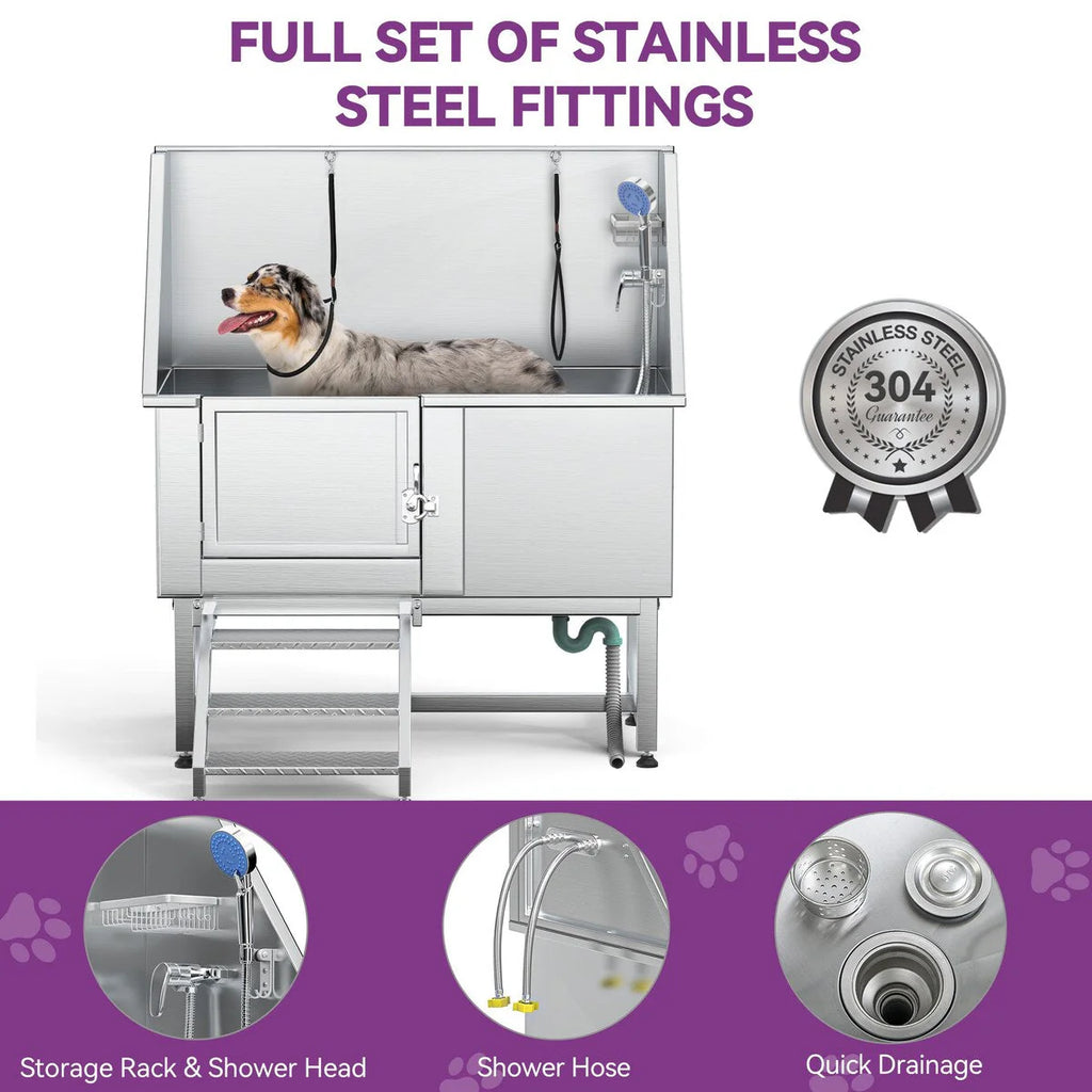 50 W Stainless Steel Adjustable Pet Grooming Tub with Steps Ramp