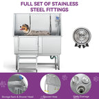 50 W Stainless Steel Adjustable Pet Grooming Tub with Steps Ramp