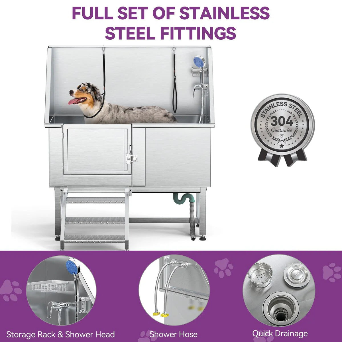 50 W Stainless Steel Adjustable Pet Grooming Tub with Steps Ramp
