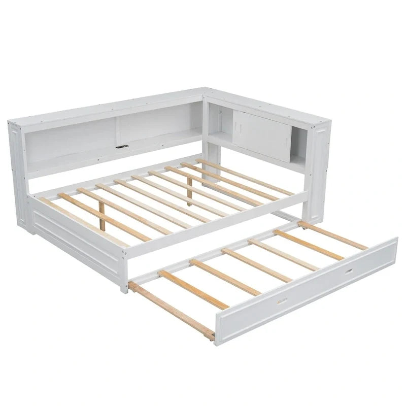 Full Daybed with Shelves, USB Charging, LED Lights & Twin Trundle