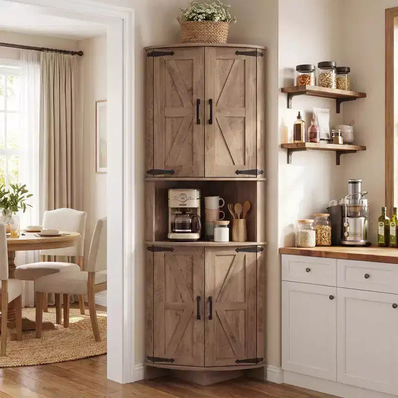 64.8 Tall Corner Cabinet with Doors, Brown Farmhouse Corner Storage Cabinet, Freestanding Corner Pantry Cabinet with Adjustable Shelves