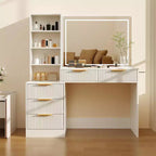 Makeup Vanity Desk with Lighted Mirror & Charging Station, 3-Color Dimmable Touch, 5 Drawers & Glass Top, Modern Bedroom Dressing Table
