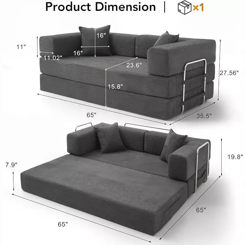 Dyonery 65-in five-in-one folding floor sofa bed, convertible into a double bed sofa bed, with a fixed metal frame, corduroy