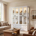 Famapy White Display Cabinet Bookcase: RGB LED Lighting + Drawer Storage + Glass Doors  Spacious Organizer for Living Rooms & Home Libraries